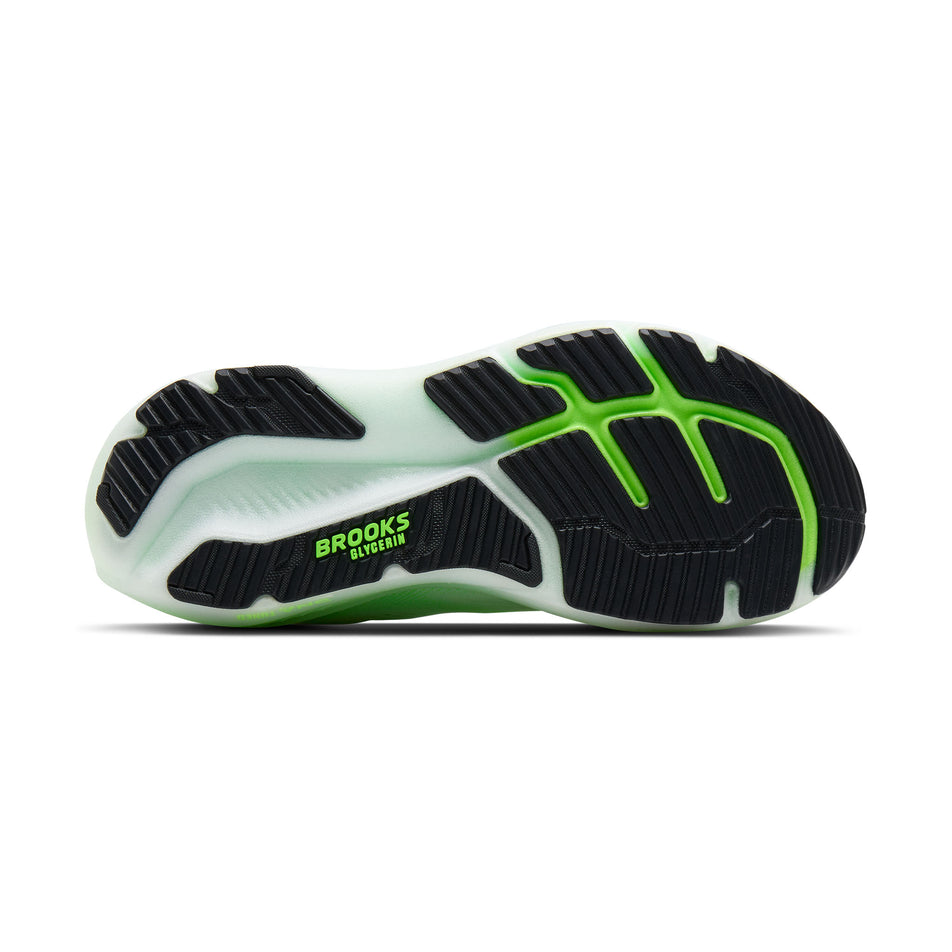 The outsole of the right shoe from a pair of Brooks Men's Glycerin 23 Running Shoes in the White/Phantom/Green Gecko colourway.