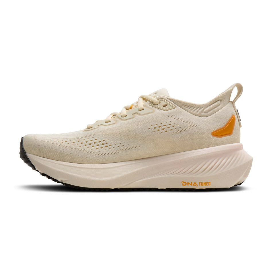 Medial view of the right shoe from a pair of Brooks Men's Glycerin 23 Running Shoes in the Arctic Wolf/Angora/Orange colourway.