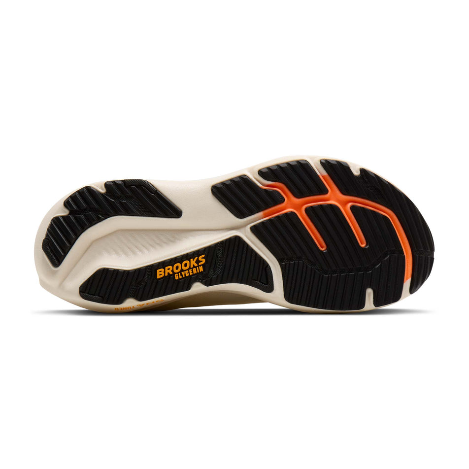 The outsole of the right shoe from a pair of Brooks Men's Glycerin 23 Running Shoes in the Arctic Wolf/Angora/Orange colourway.