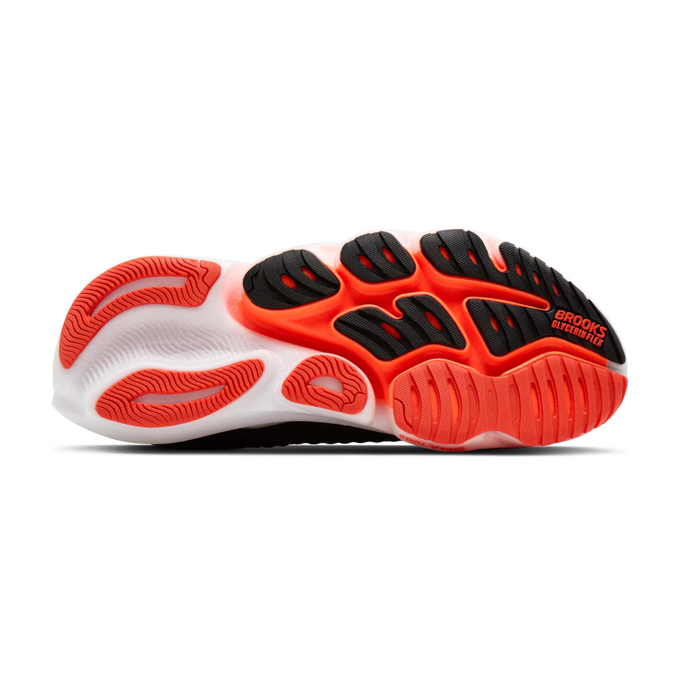 The outsole of the right shoe from a pair of Brooks Men's Glycerin Flex Running Shoes in the Black/Orange colourway.