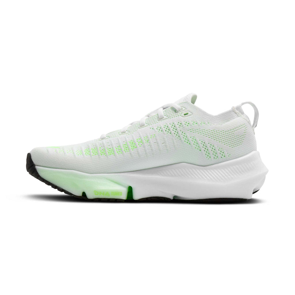 Medial view of the right shoe from a pair of Brooks Men's Glycerin Flex Running Shoes in the White/Green Gecko/Phantom colourway.