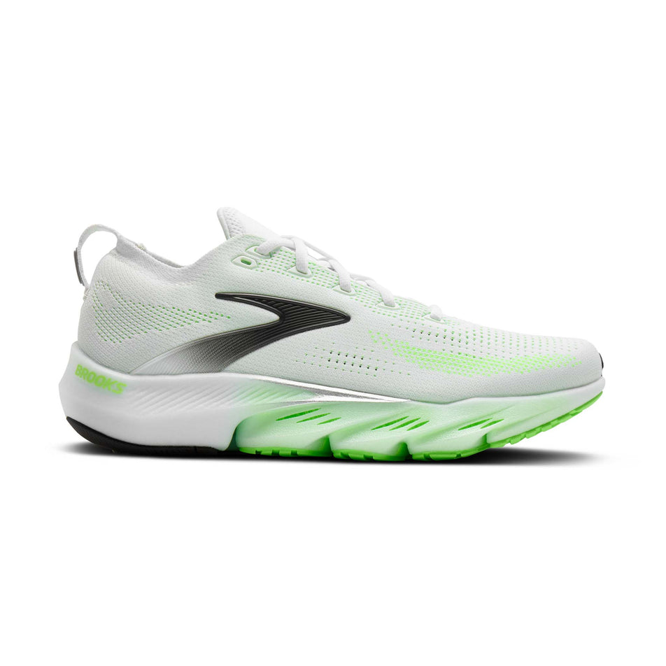 Lateral view of the right shoe from a pair of Brooks Men's Glycerin Flex Running Shoes in the White/Green Gecko/Phantom colourway.