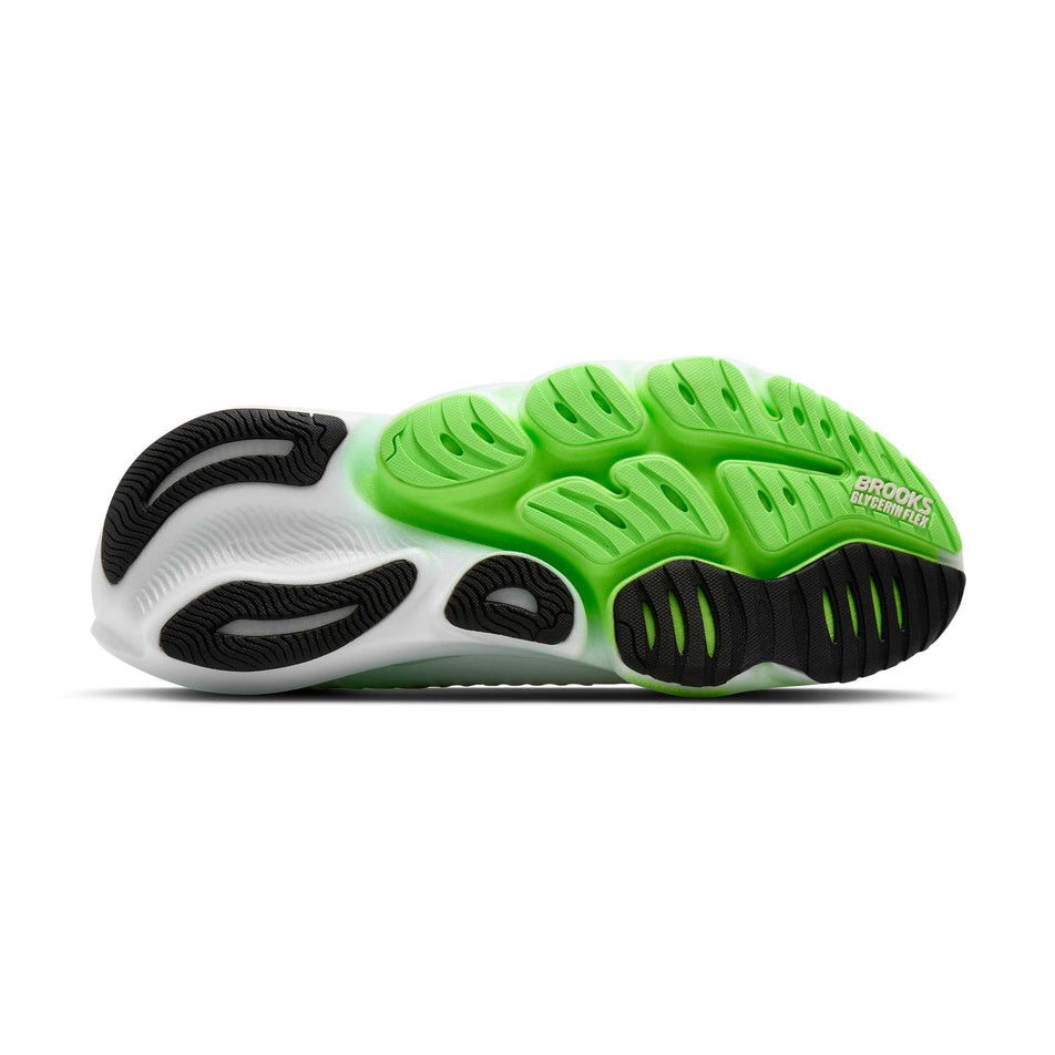 The outsole of the right shoe from a pair of Brooks Men's Glycerin Flex Running Shoes in the White/Green Gecko/Phantom colourway.
