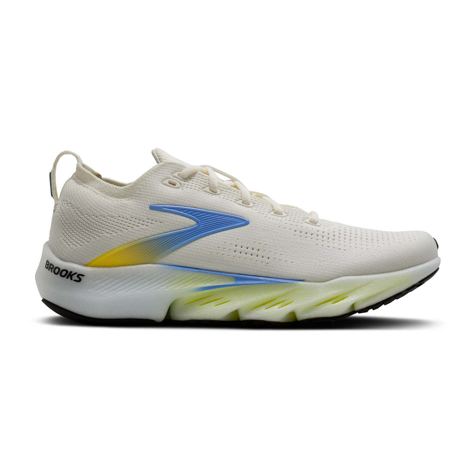 Lateral view of the right shoe from a pair of Brooks Men's Glycerin Flex Running Shoes in the White/Cyber Yellow/Nightlife colourway.