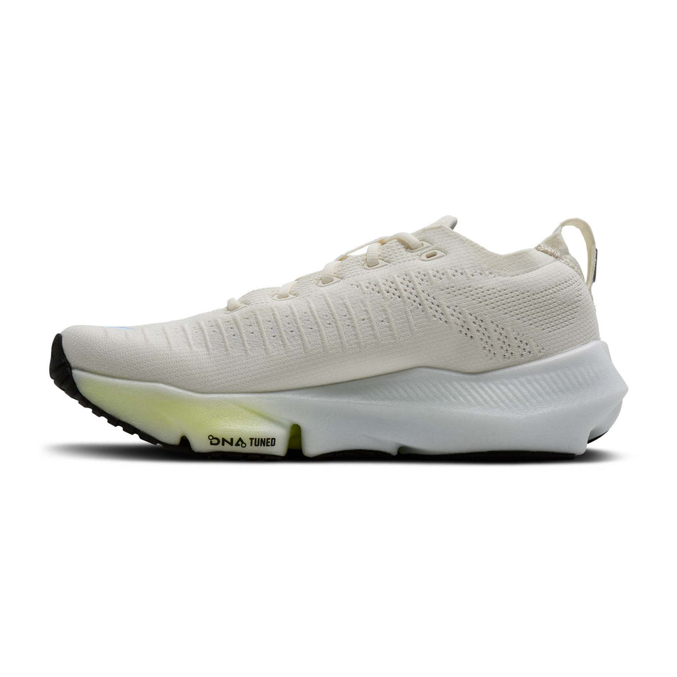 Medial view of the right shoe from a pair of Brooks Men's Glycerin Flex Running Shoes in the White/Cyber Yellow/Nightlife colourway.