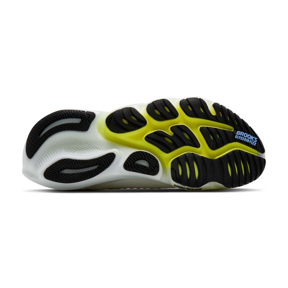 The outsole of the right shoe from a pair of Brooks Men's Glycerin Flex Running Shoes in the White/Cyber Yellow/Nightlife colourway.