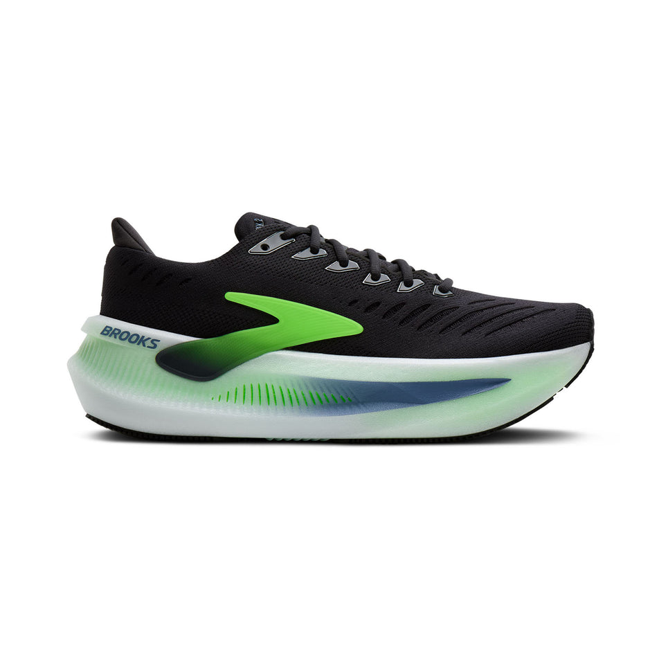 Lateral view of the right shoe from a pair of Brooks Men's Glycerin Max 2 Running Shoes in the Phantom/White/Green Gecko colourway.