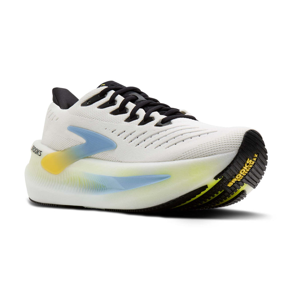 Lateral view of the right shoe from a pair of Brooks Men's Glycerin Max 2 Running Shoes in the Bright White/Black/Nightlife colourway.