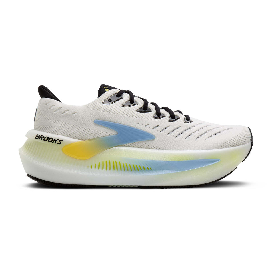 Lateral view of the right shoe from a pair of Brooks Men's Glycerin Max 2 Running Shoes in the Bright White/Black/Nightlife colourway.