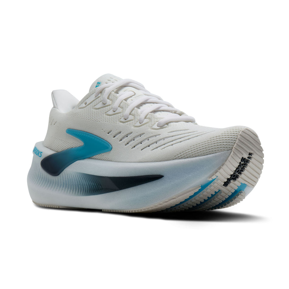 Lateral view of the right shoe from a pair of Brooks Men's Glycerin Max 2 Running Shoes in the White/Blue/Spellbound colourway.