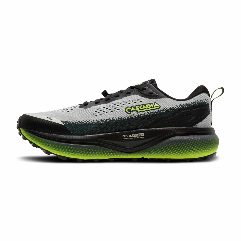Medial view of the right shoe from a pair of Brooks Men's Cascadia 20 Running Shoes in the Grey/Black/Nightlife colourway.