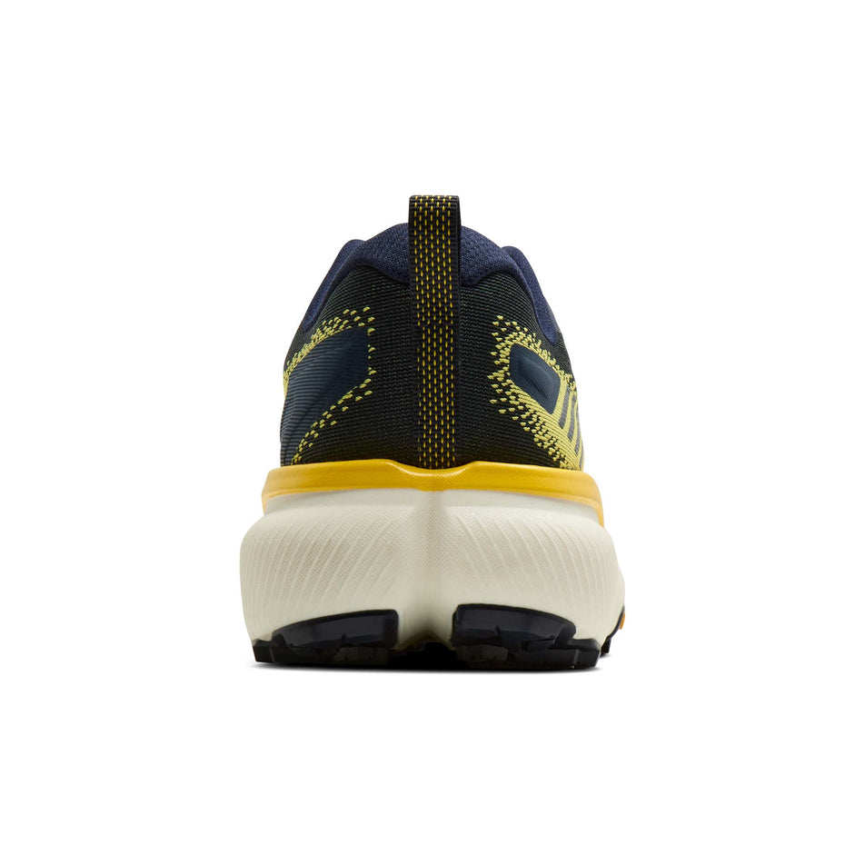 The back of the right shoe from a pair of Brooks Men's Cascadia 20 Running Shoes in the Navy/Cyber Yellow/Grey colourway.