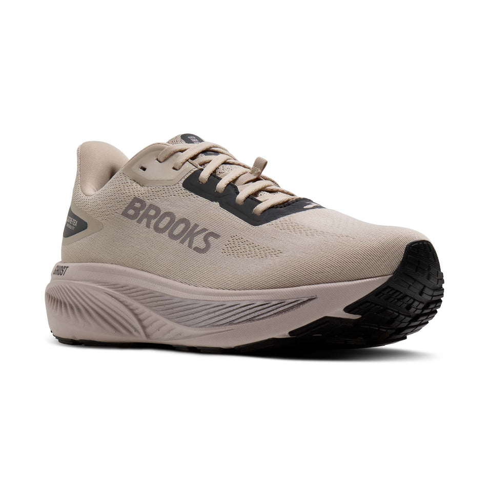 Lateral view of the right shoe from a pair of Brooks Men's Ghost 18 GTX Running Shoes in the Chateau/Black/Metallic colourway.