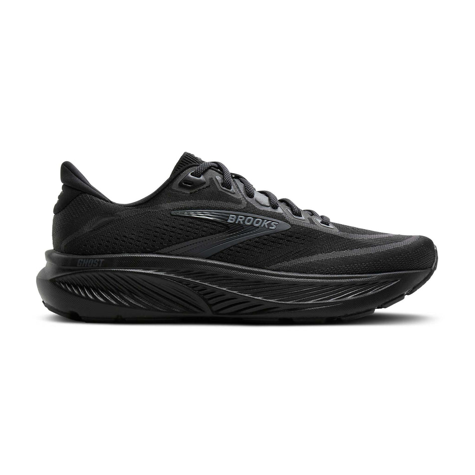Lateral view of the right shoe from a pair of Brooks Men's Ghost 18 Running Shoes in the Black/Black/Ebony colourway.