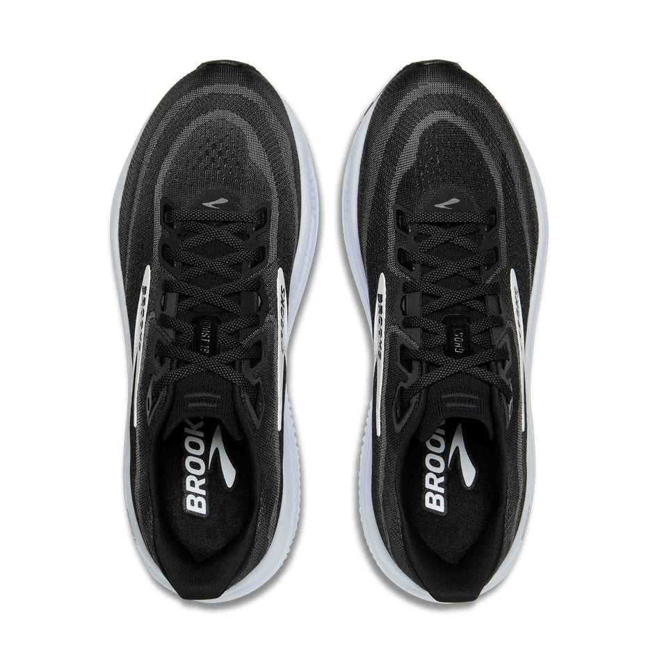 The uppers of a pair of Brooks Men's Ghost 18 Running Shoes in the Black/Grey/White colourway.