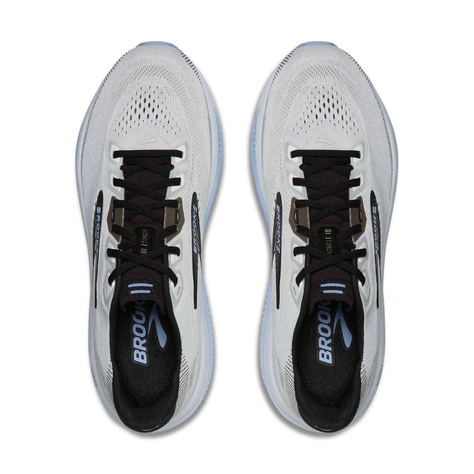 The uppers of a pair of Brooks Men's Ghost 18 Running Shoes in White/Black/Open Air colourway.