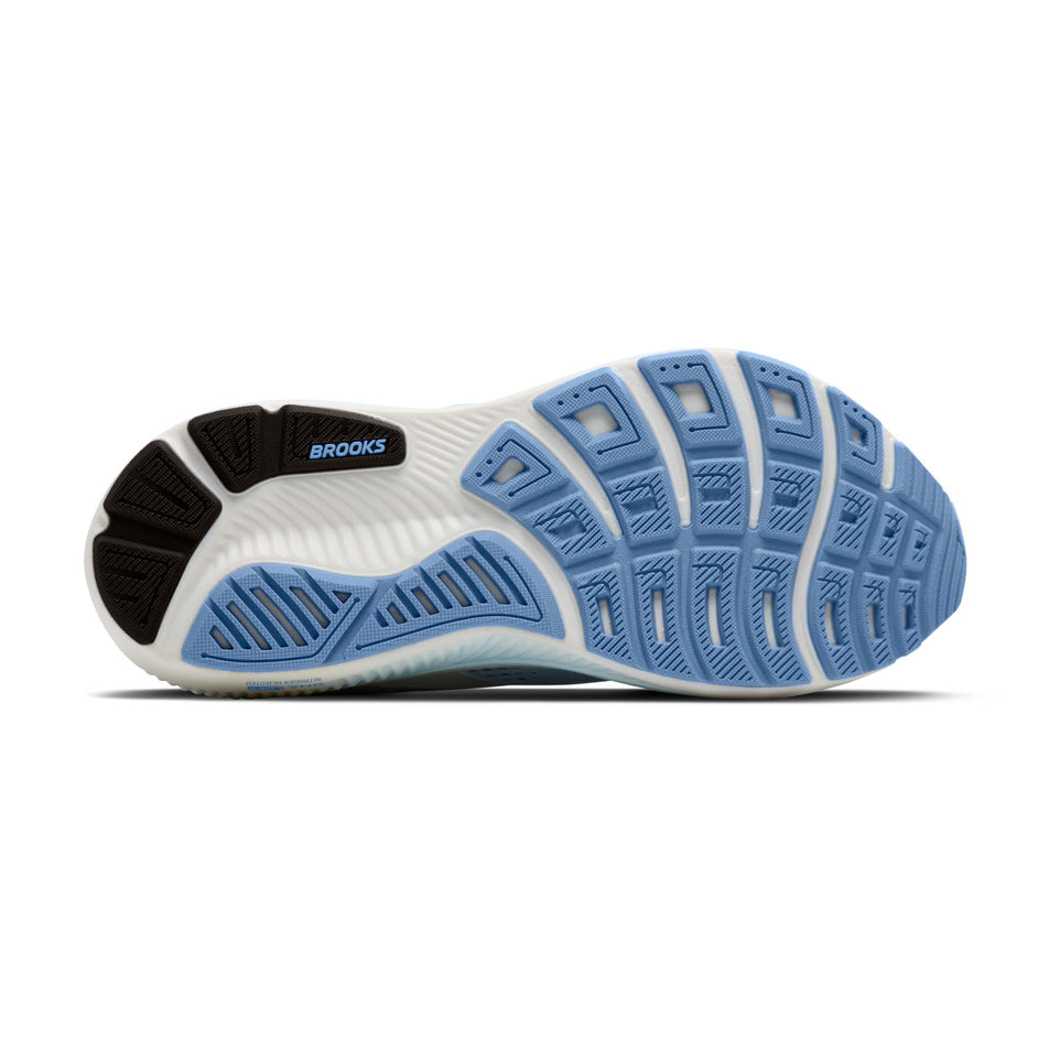 The outsole of the right shoe from a pair of Brooks Men's Ghost 18 Running Shoes in White/Black/Open Air colourway.