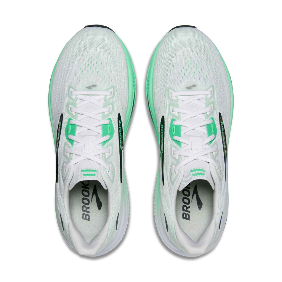 The uppers of a pair of Brooks Men's Ghost 18 Running Shoes in the White/Spring Bud/Spruce colourway.