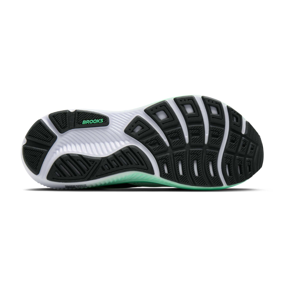 The outsole of the right shoe from a pair of Brooks Men's Ghost 18 Running Shoes in the White/Spring Bud/Spruce colourway.