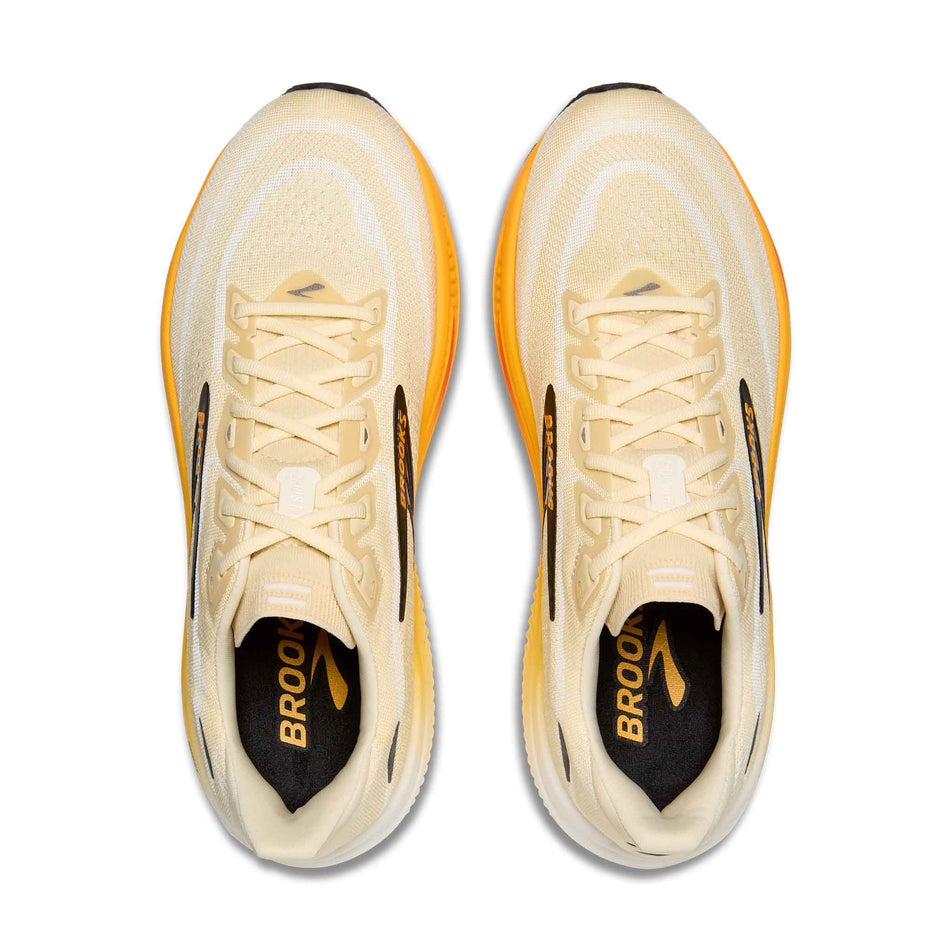 The uppers of a pair of Brooks Men's Ghost 18 Running Shoes in the Rutabaga/Tigerlily/Orange colourway.
