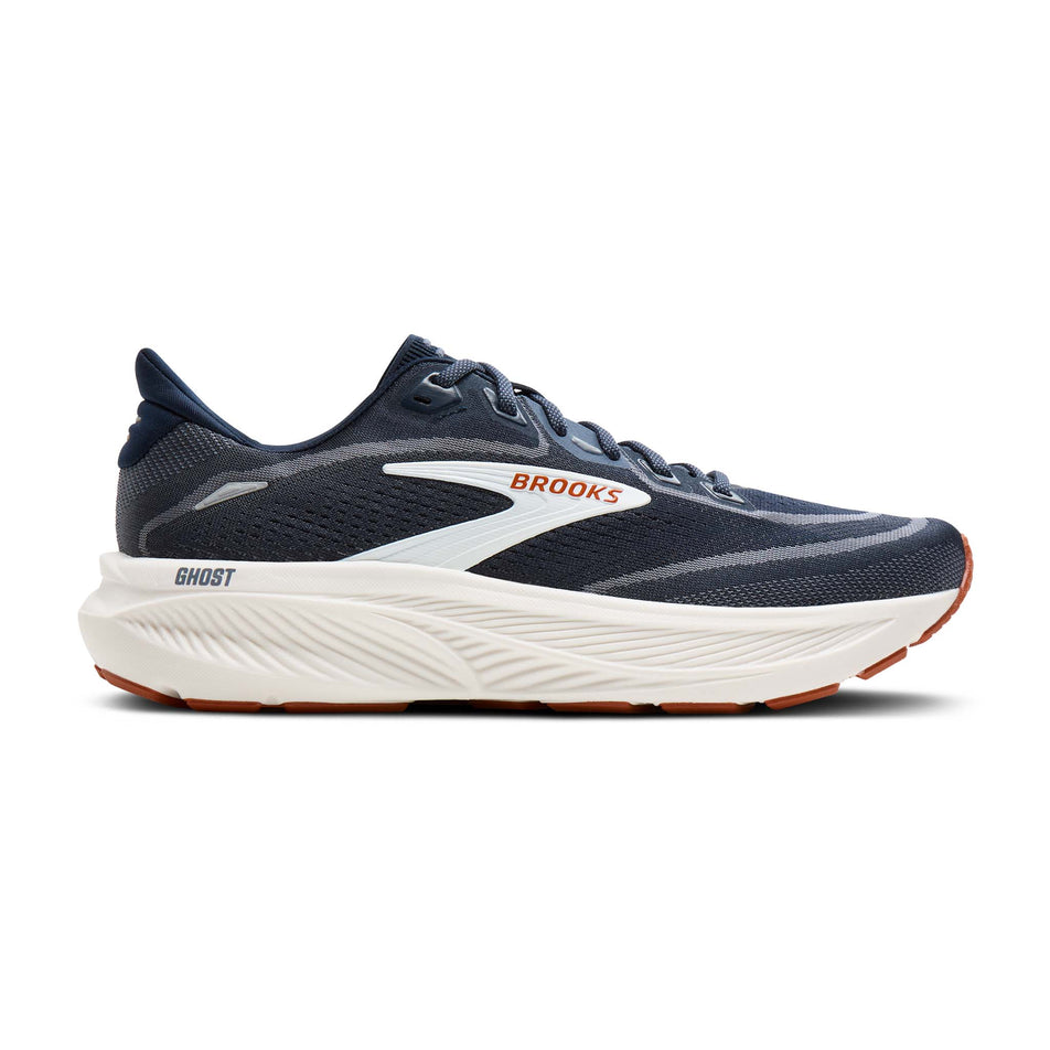 Lateral view of the right shoe from a pair of Brooks Men's Ghost 18 Running Shoes in the Navy Blazer/Red Earth/Blue colourway.