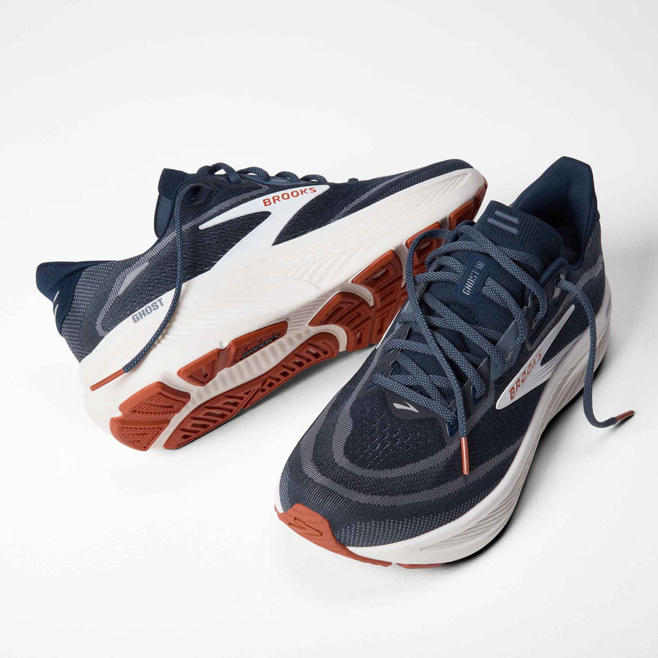 A pair of Brooks Men's Ghost 18 Running Shoes in the Navy Blazer/Red Earth/Blue colourway.
