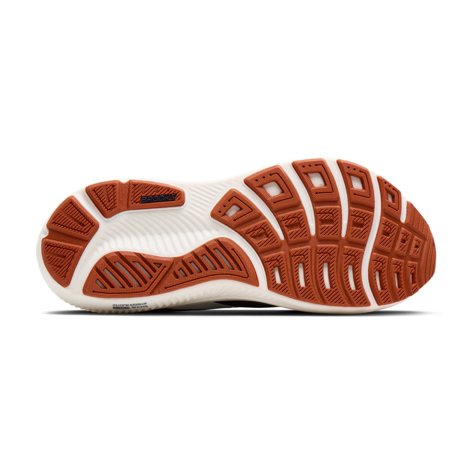 The outsole of the right shoe from a pair of Brooks Men's Ghost 18 Running Shoes in the Navy Blazer/Red Earth/Blue colourway.