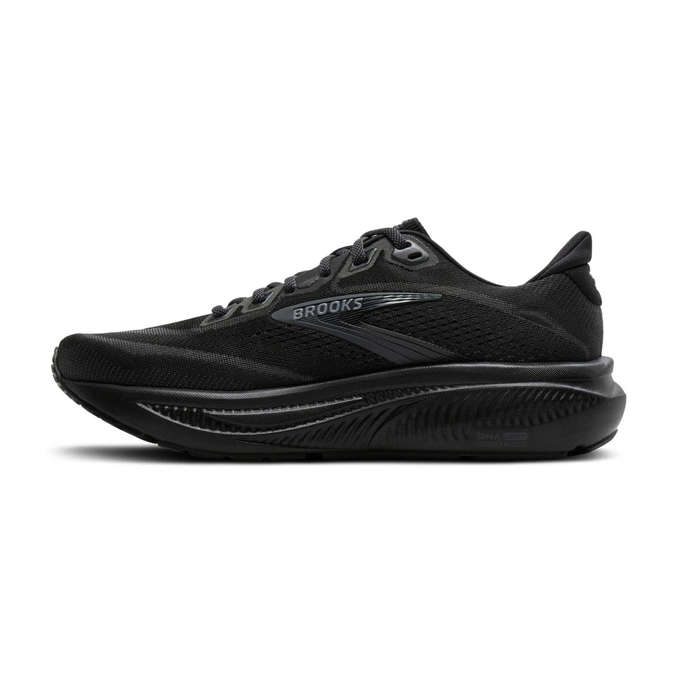 Medial view of the right shoe from a pair of Brooks Men's Ghost 18 2E Running Shoes in the Black/Black/Ebony colourway.