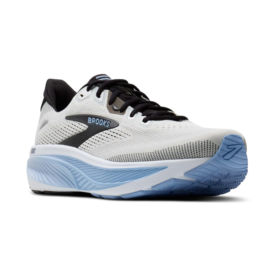 Lateral view of the right shoe from a pair of Brooks Men's Ghost 18 2E Running Shoes in the White/Black/Open Air colourway.