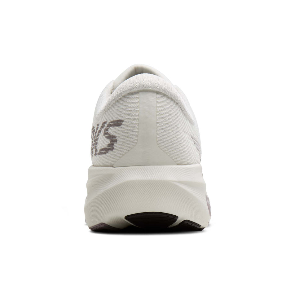 The back of the right shoe from a pair of Brooks Men's Ghost AMP Running Shoes in the Coconut/Purple Dove/Raisin colourway.
