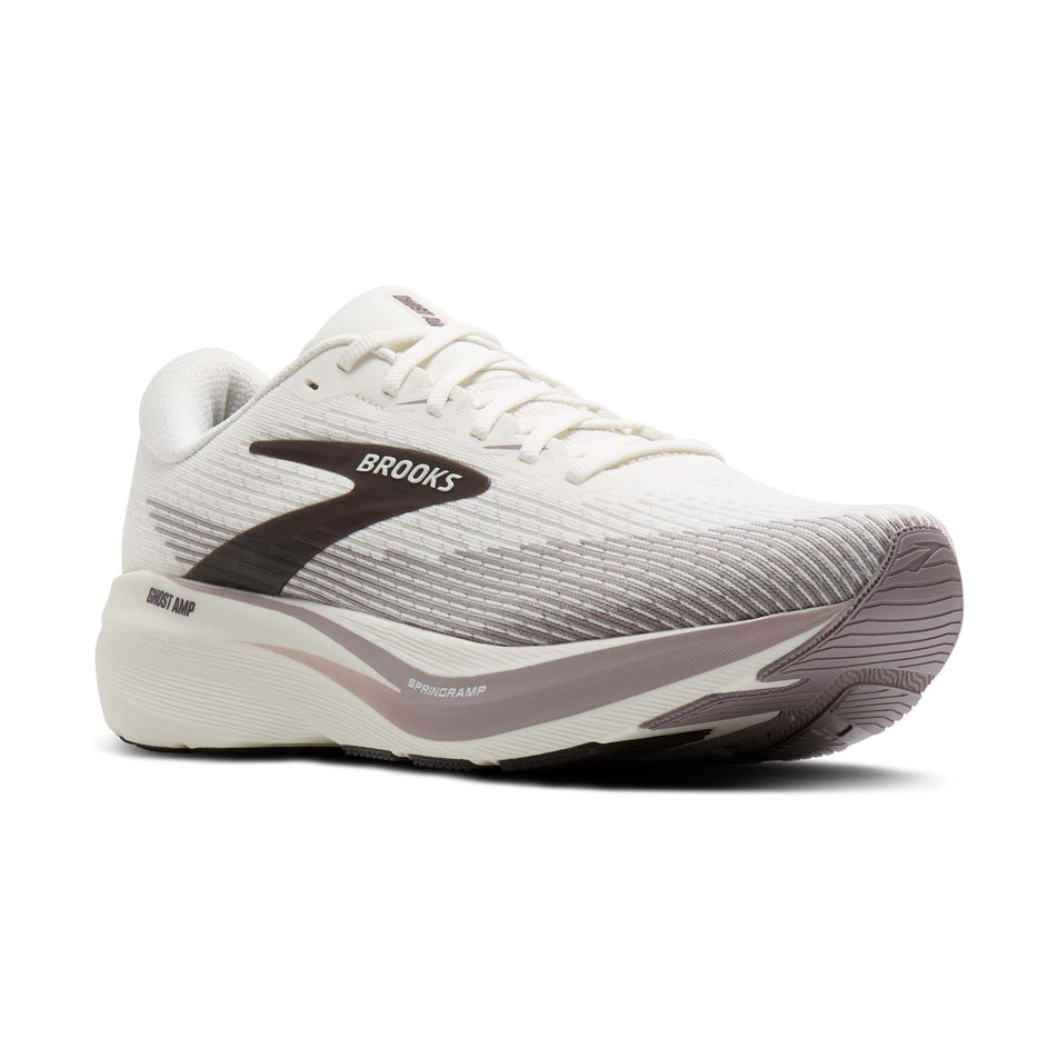 Lateral view of the right shoe from a pair of Brooks Men's Ghost AMP Running Shoes in the Coconut/Purple Dove/Raisin colourway.