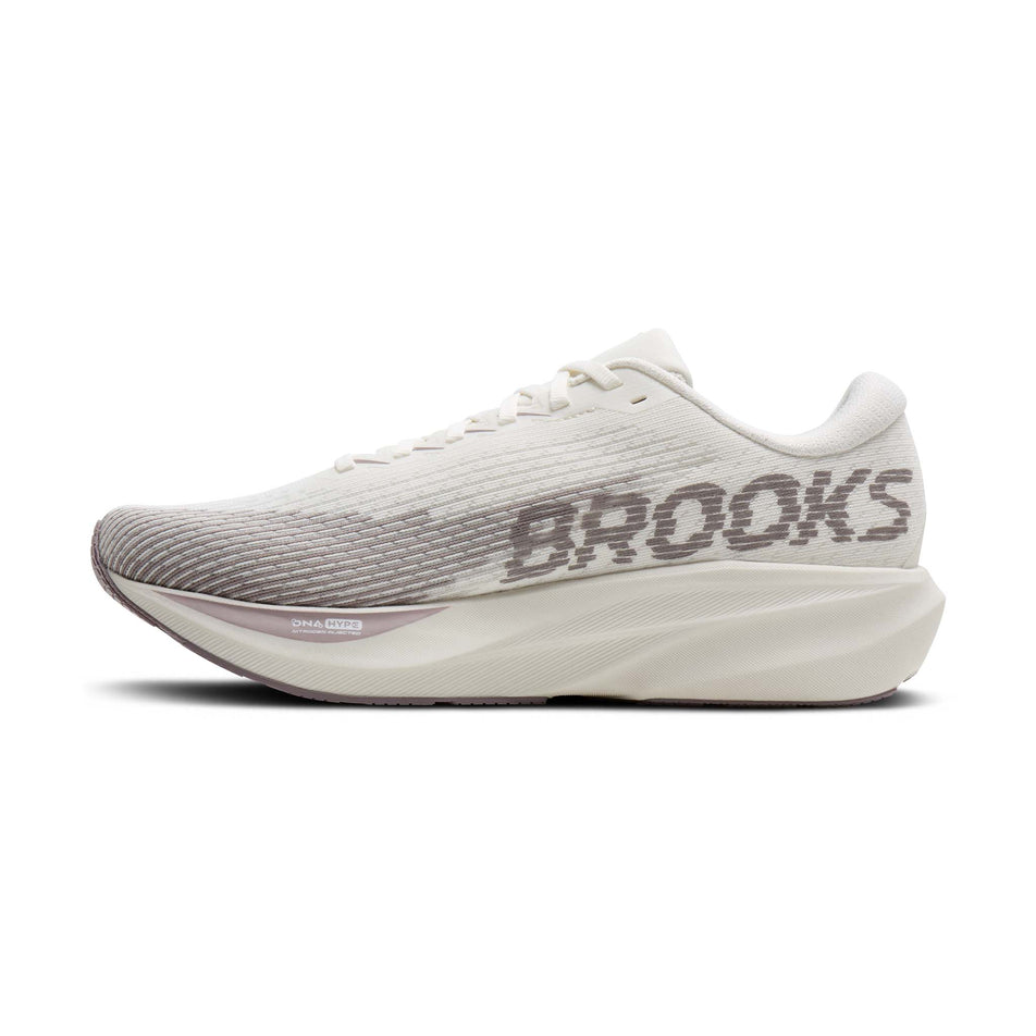 Medial view of the right shoe from a pair of Brooks Men's Ghost AMP Running Shoes in the Coconut/Purple Dove/Raisin colourway.