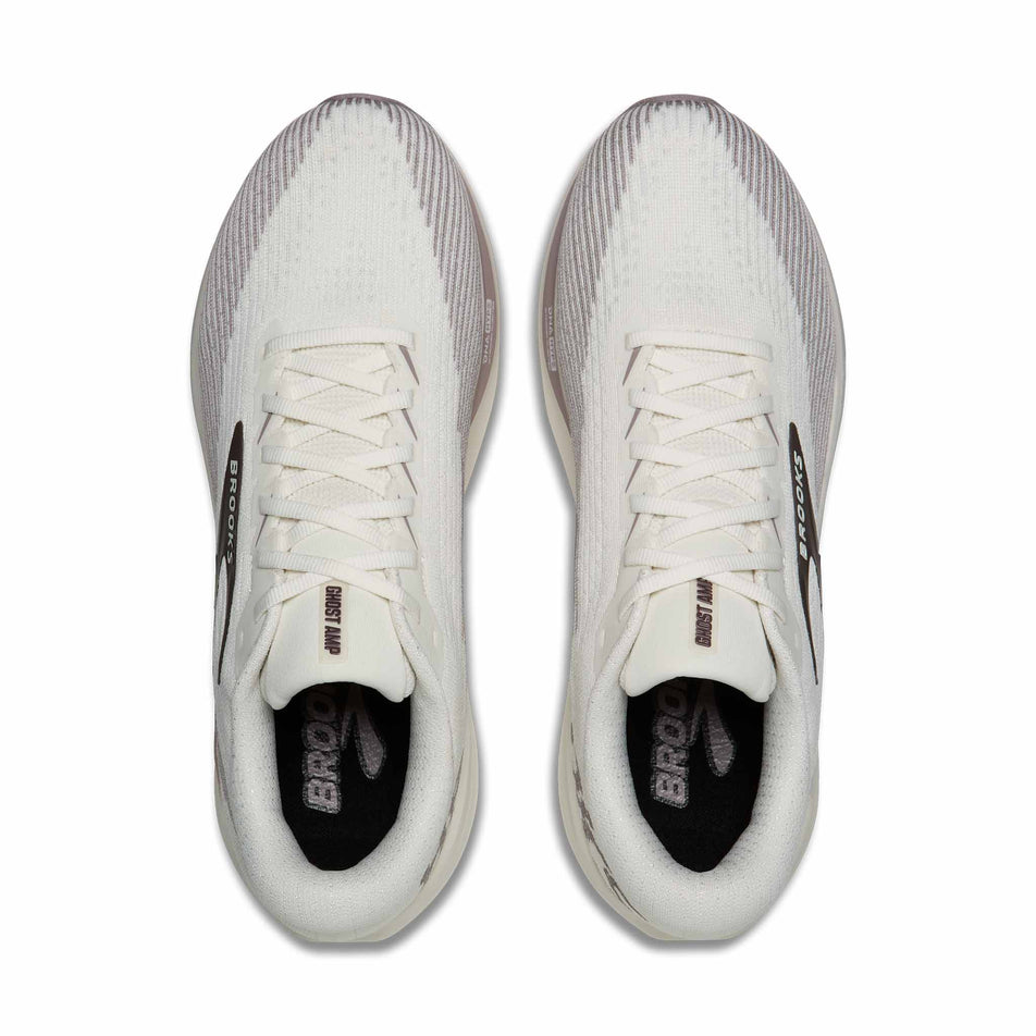 The uppers of a pair of Brooks Men's Ghost AMP Running Shoes in the Coconut/Purple Dove/Raisin colourway.