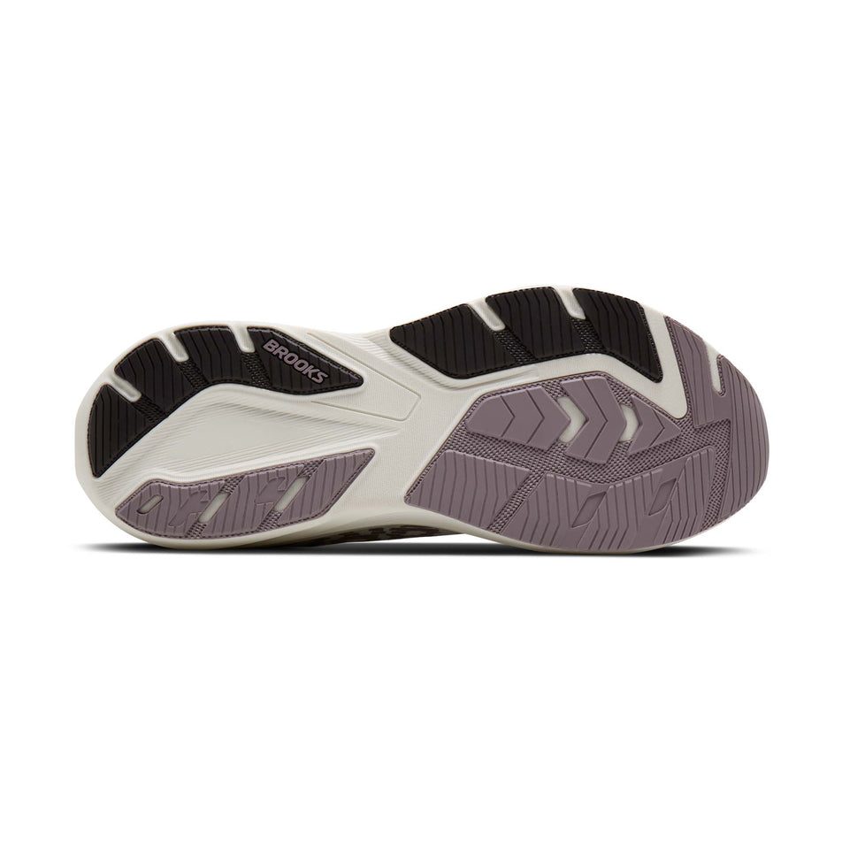 The outsole of the right shoe from a pair of Brooks Men's Ghost AMP Running Shoes in the Coconut/Purple Dove/Raisin colourway.