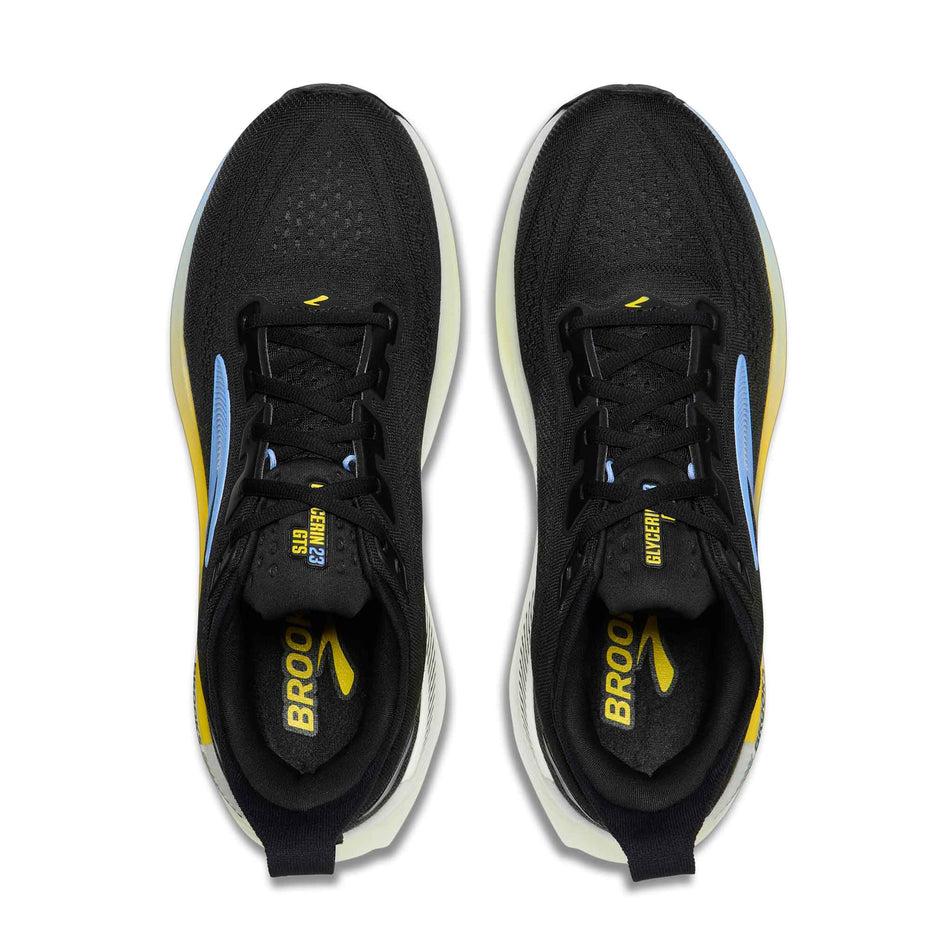 The uppers of a pair of Brooks Men's Glycerin GTS 23 Running Shoes in the Black/Cyber Yellow/Nightlife colourway.