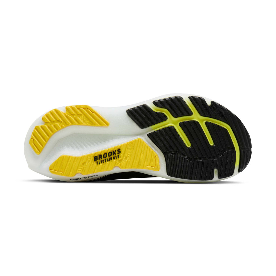 The outsole of the right shoe from a pair of Brooks Men's Glycerin GTS 23 Running Shoes in the Black/Cyber Yellow/Nightlife colourway.