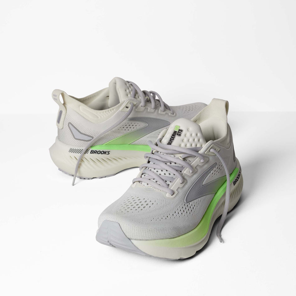 A pair of Brooks Men's Glycerin GTS 23 Running Shoes in the Grey/Green/Black colourway.