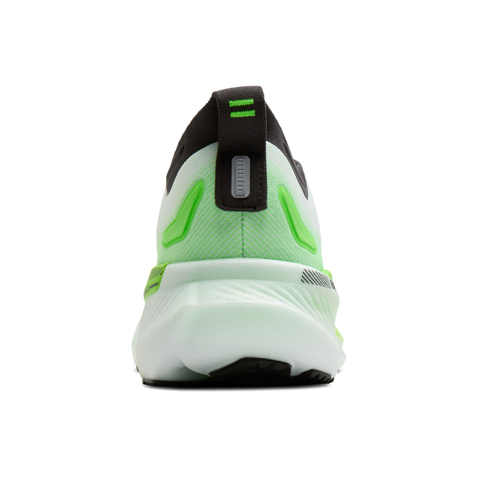 The back of the right shoe from a pair of Brooks Men's Glycerin GTS 23 Running Shoes in the White/Phantom/Green Gecko colourway.