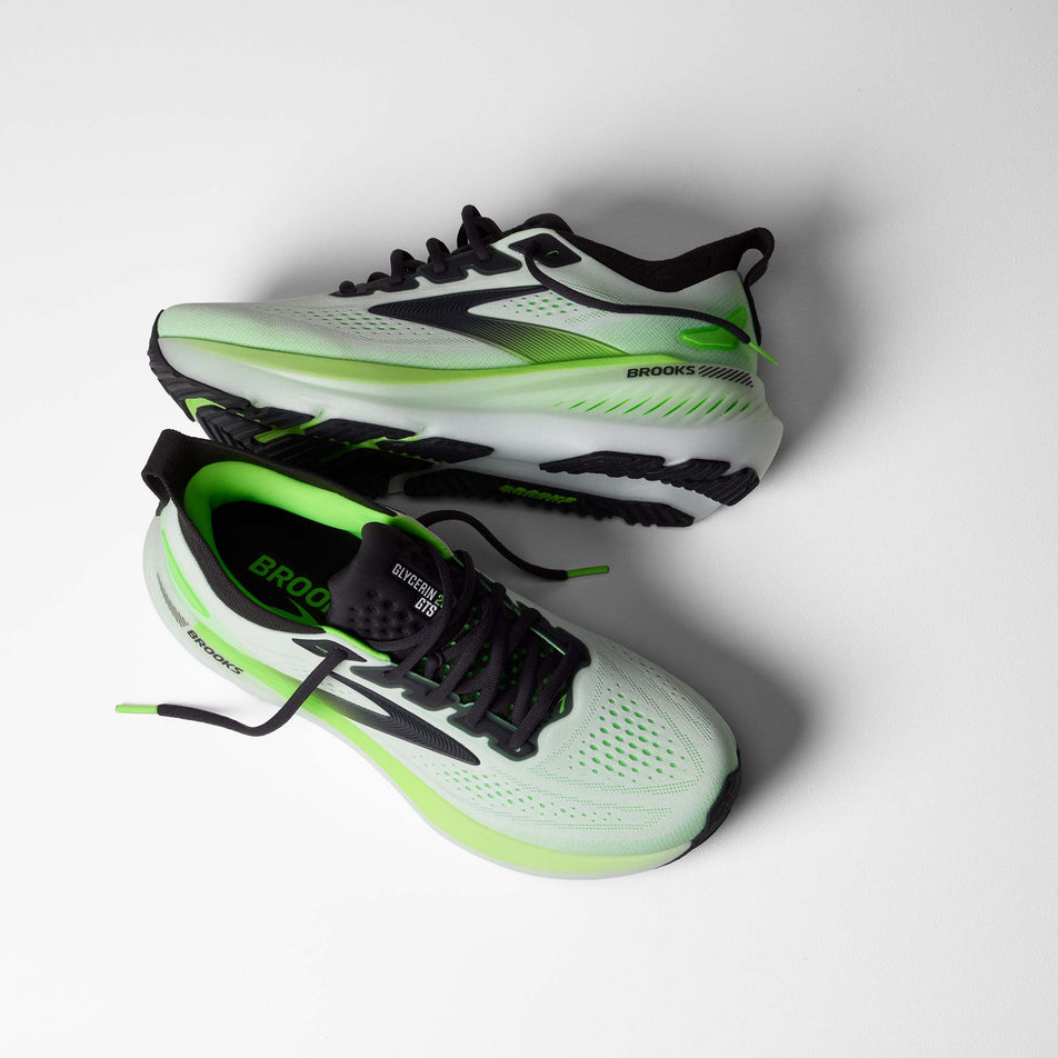 A pair of Brooks Men's Glycerin GTS 23 Running Shoes in the White/Phantom/Green Gecko colourway.