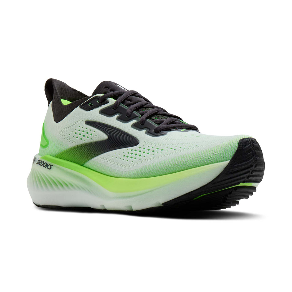 Lateral view of the right shoe from a pair of Brooks Men's Glycerin GTS 23 Running Shoes in the White/Phantom/Green Gecko colourway.