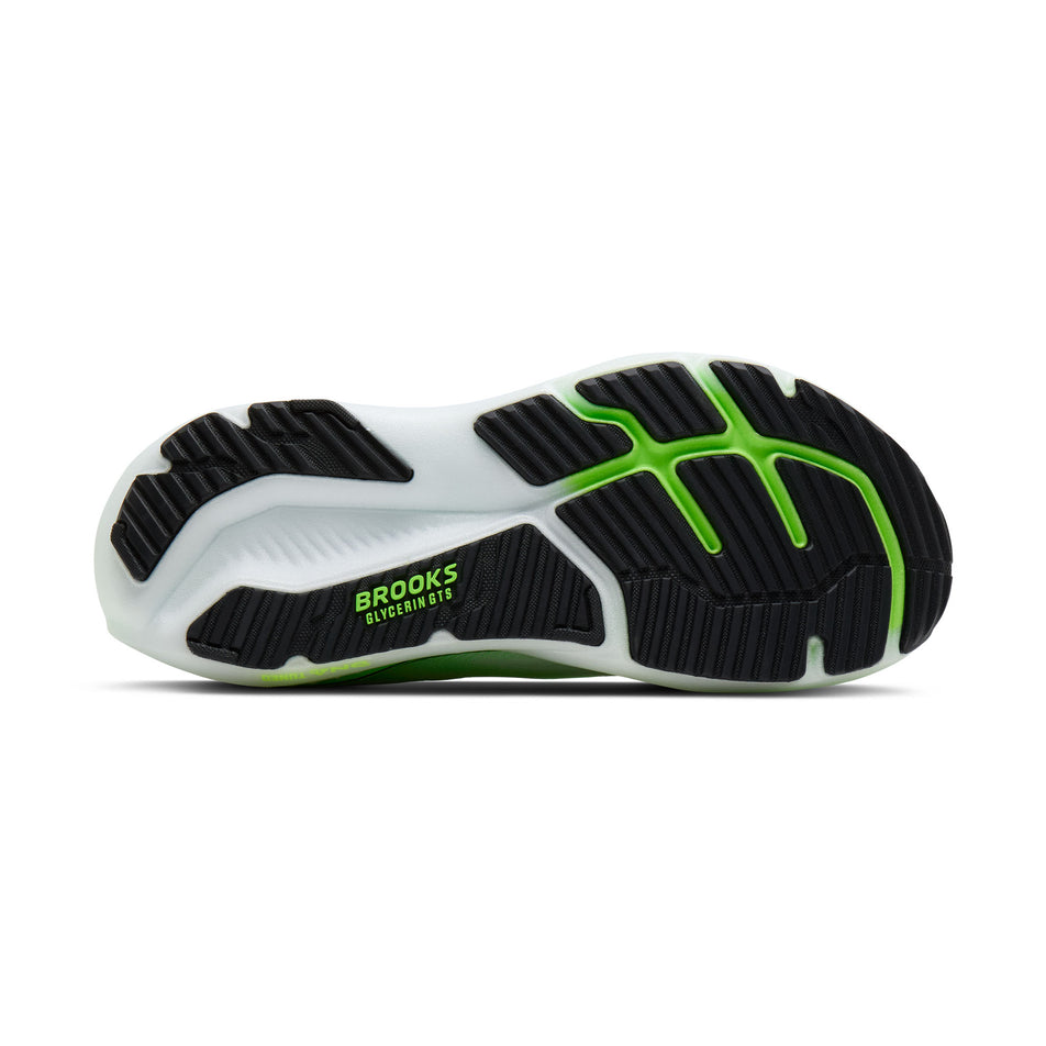 The outsole of the right shoe from a pair of Brooks Men's Glycerin GTS 23 Running Shoes in the White/Phantom/Green Gecko colourway.
