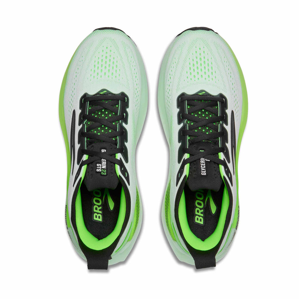 The uppers of a pair of Brooks Men's Glycerin GTS 23 Running Shoes in the White/Phantom/Green Gecko colourway.