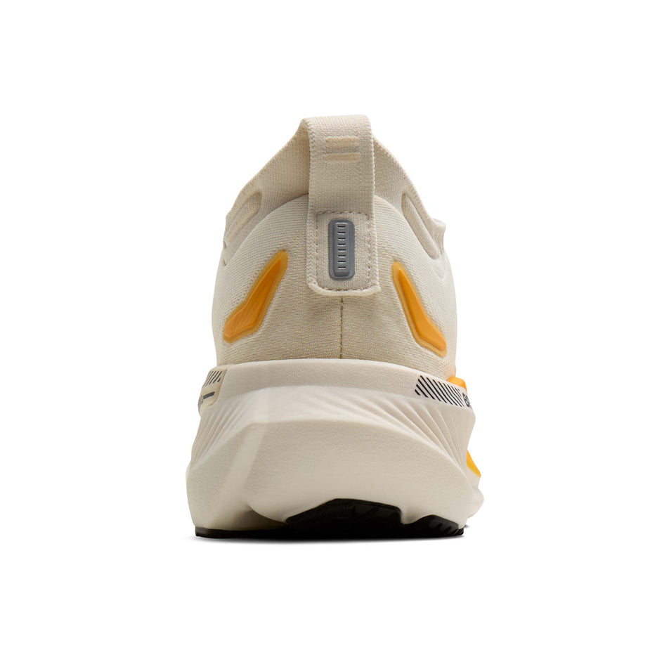 The back of the right shoe from a pair of Brooks Men's Glycerin GTS 23 Running Shoes in the Arctic Wolf/Angora/Orange colourway.