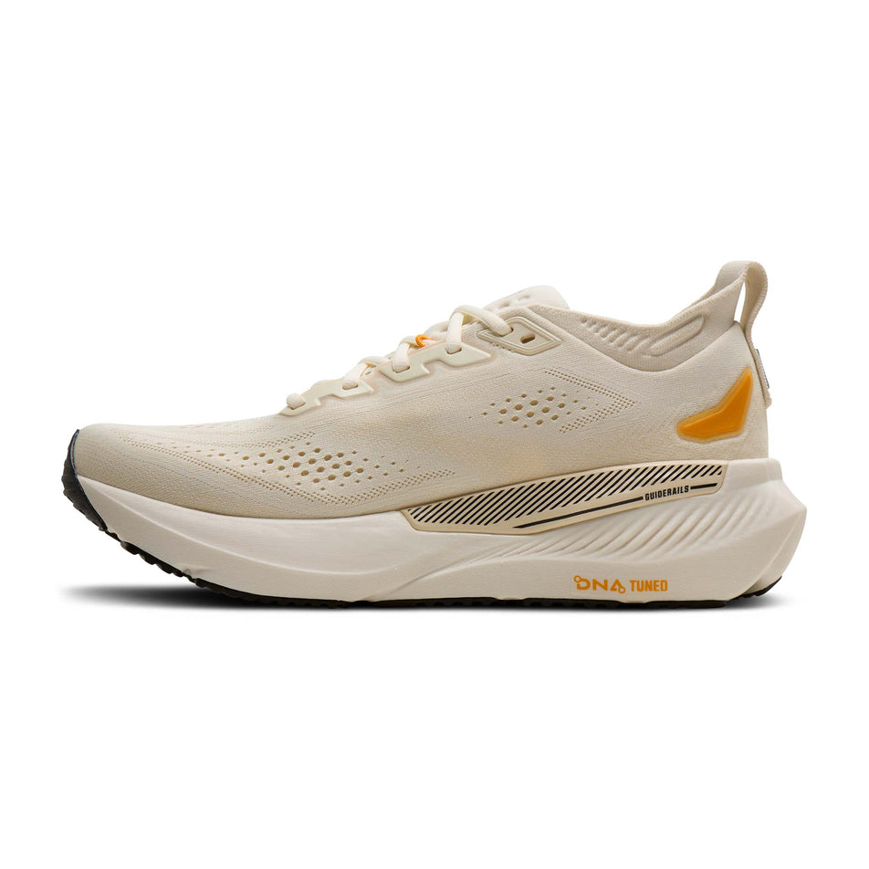 Medial view of the right shoe from a pair of Brooks Men's Glycerin GTS 23 Running Shoes in the Arctic Wolf/Angora/Orange colourway.