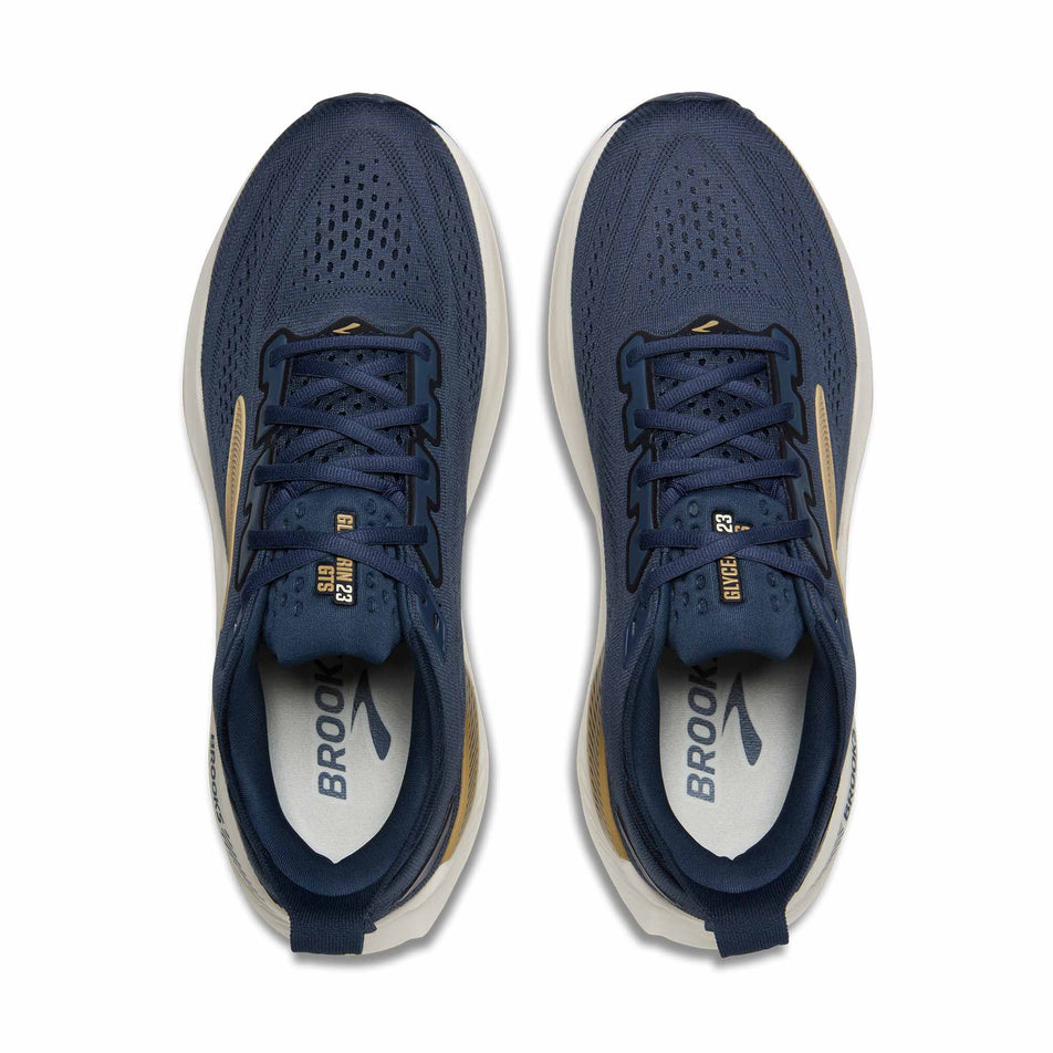 The uppers of a pair of Brooks Men's Glycerin GTS 23 Running Shoes in the Blue/Spellbound/Starfish colourway.