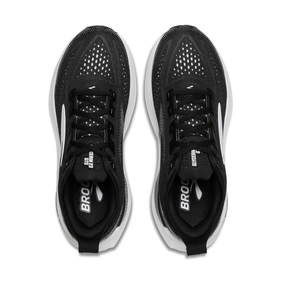 The uppers of a pair of Brooks Men's Glycerin GTS 23 2E Running Shoes in the Black/Grey/White colourway.