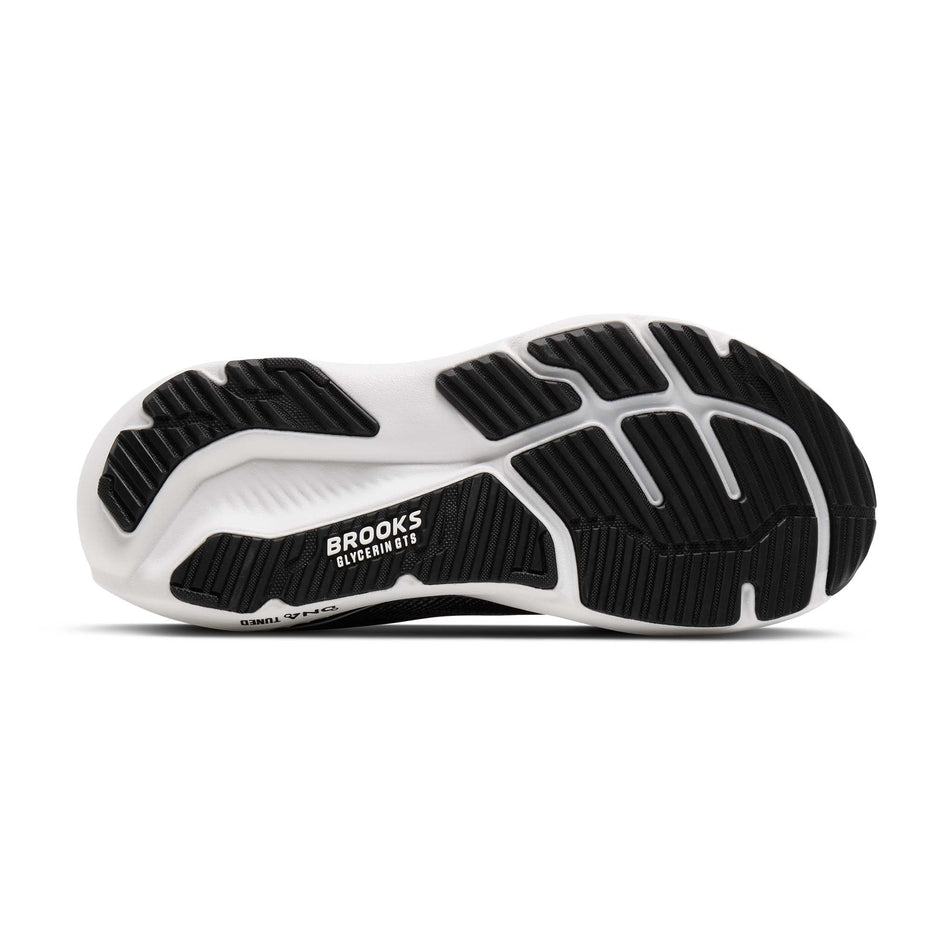 The outsole of the right shoe from a pair of Brooks Men's Glycerin GTS 23 2E Running Shoes in the Black/Grey/White colourway.