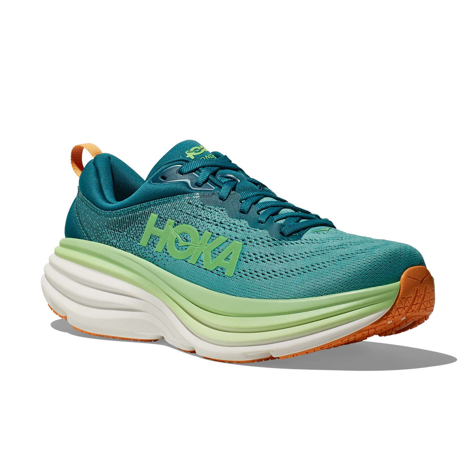 Lateral side of the right shoe from a pair of Hoka Men's Bondi 8 Running Shoes in the Deep Lagoon/Ocean Mist colourway (7922032279714)