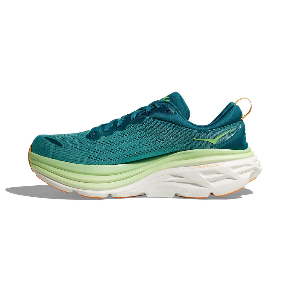 Medial side of the right shoe from a pair of Hoka Men's Bondi 8 Running Shoes in the Deep Lagoon/Ocean Mist colourway (7922032279714)