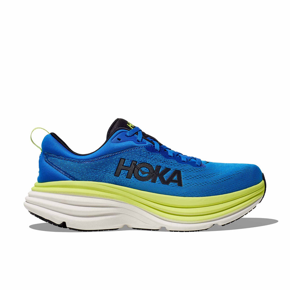 Lateral side of the right shoe from a pair of HOKA Men's Bondi 8 Running Shoes in the Electric Cobalt/Lettuce colourway. (8399904309410)